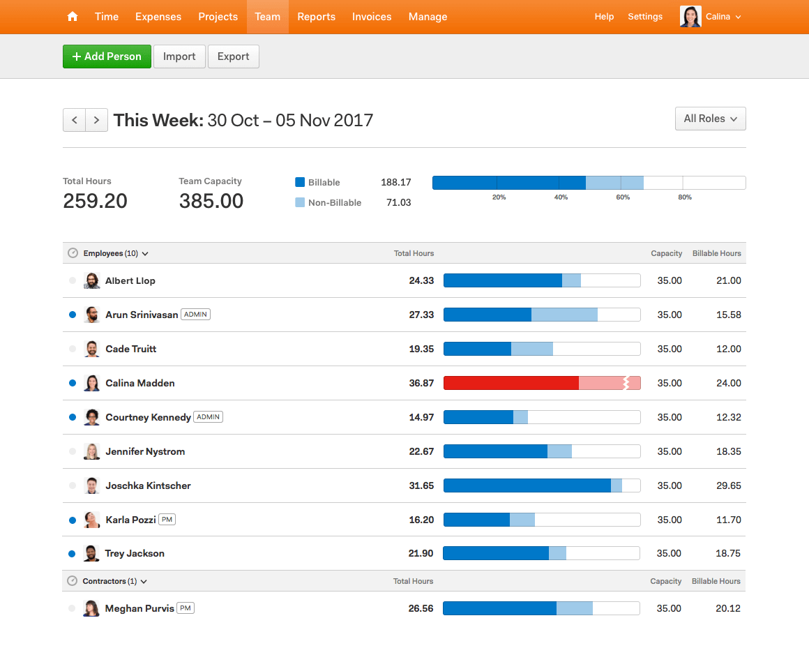 screenshot of Harvest app tool that helps remote teams track time