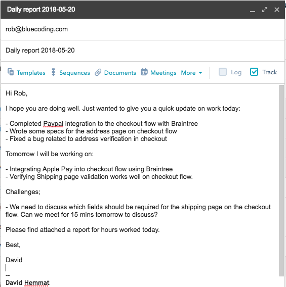 screenshot showing an example of a detailed weekly update email