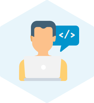 Managed Services Managed Nearshore Development Services icon showing a developer in front of a blue hexagon and coding icon in a speech balloon