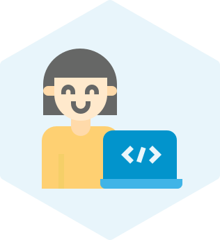 Project-based custom software development services icon showing a person in front of a laptop with the coding symbol on it.