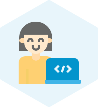 Project-based custom software development services icon Project-based custom software development services icon showing a person in front of a laptop with the coding symbol on it.
