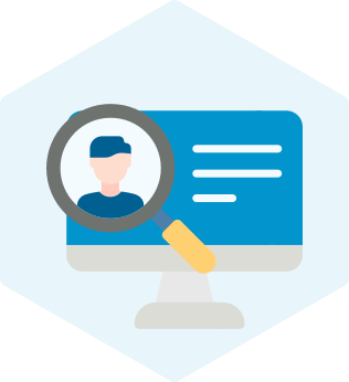 Staff augmentation services (icon for nearshore development services by Blue Coding) Nearshore developer's profile under a magnifying glass on a computer screen